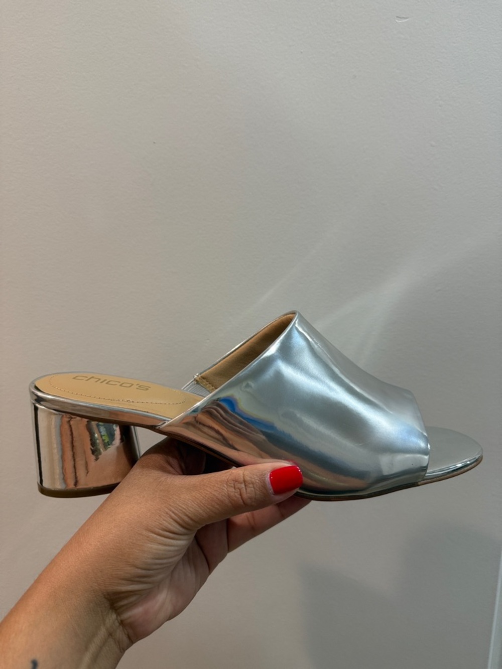 Chico’s Metallic Faux Leather Mules in Silver New